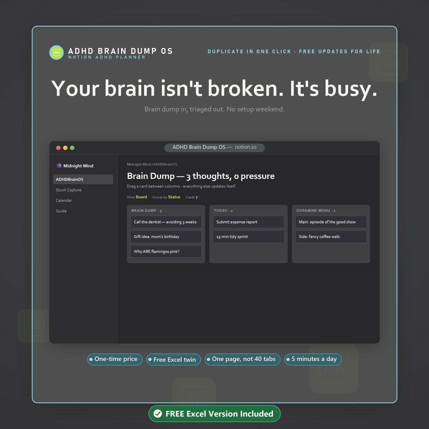 ADHD Notion Template, Dopamine Menu, Brain Dump Dashboard, Task System