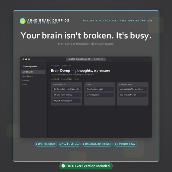 ADHD Notion Template, Dopamine Menu, Brain Dump Dashboard, Task System