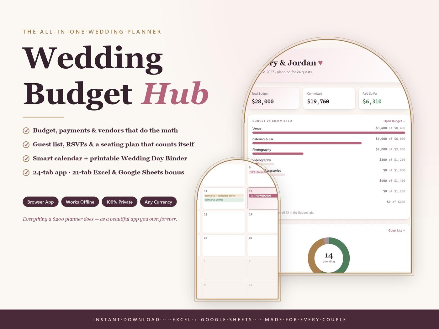 All-in-One Wedding Budget Planner App, Excel Workbook, Guest List Tracker (Digital Download)