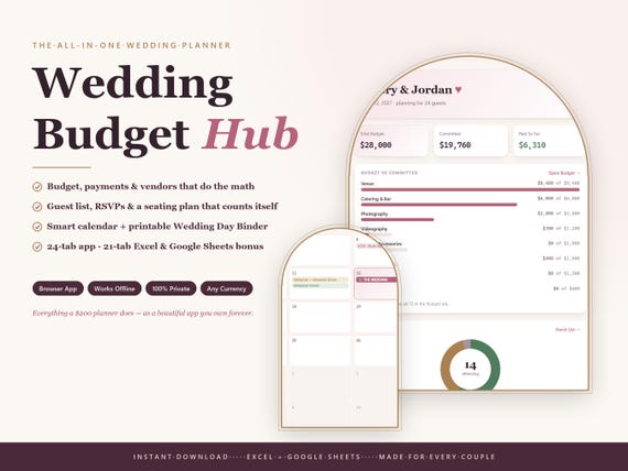 All-in-One Wedding Budget Planner App, Excel Workbook, Guest List Tracker (Digital Download)