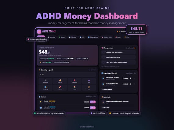 ADHD Money Dashboard App, ADHD Budget Planner, Safe to Spend Tracker (Digital Download)