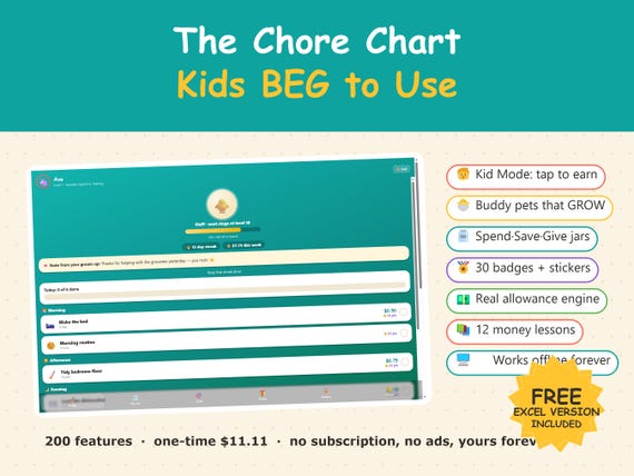 Interactive Chore Chart App, Kids Allowance Tracker, Money Skills (Digital Download)