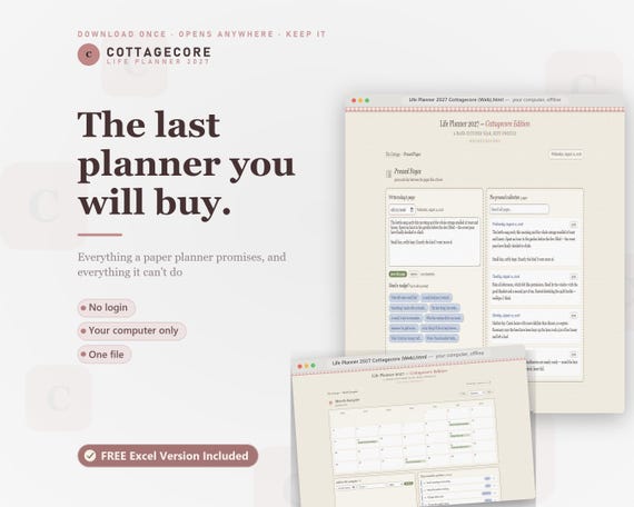 Cottagecore Life Planner 2027, All-in-One Digital Planner, Weekly Habit Tracker (Excel Included)
