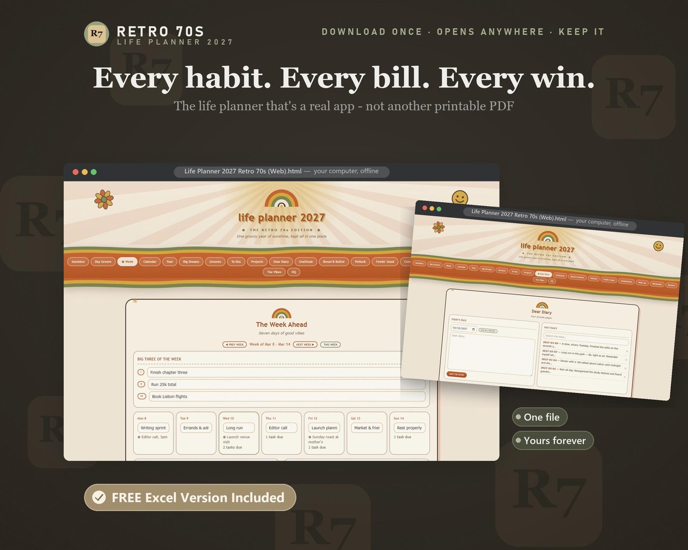 Retro 70s Life Planner 2027, All-in-One Digital Planner (Excel Version Included)