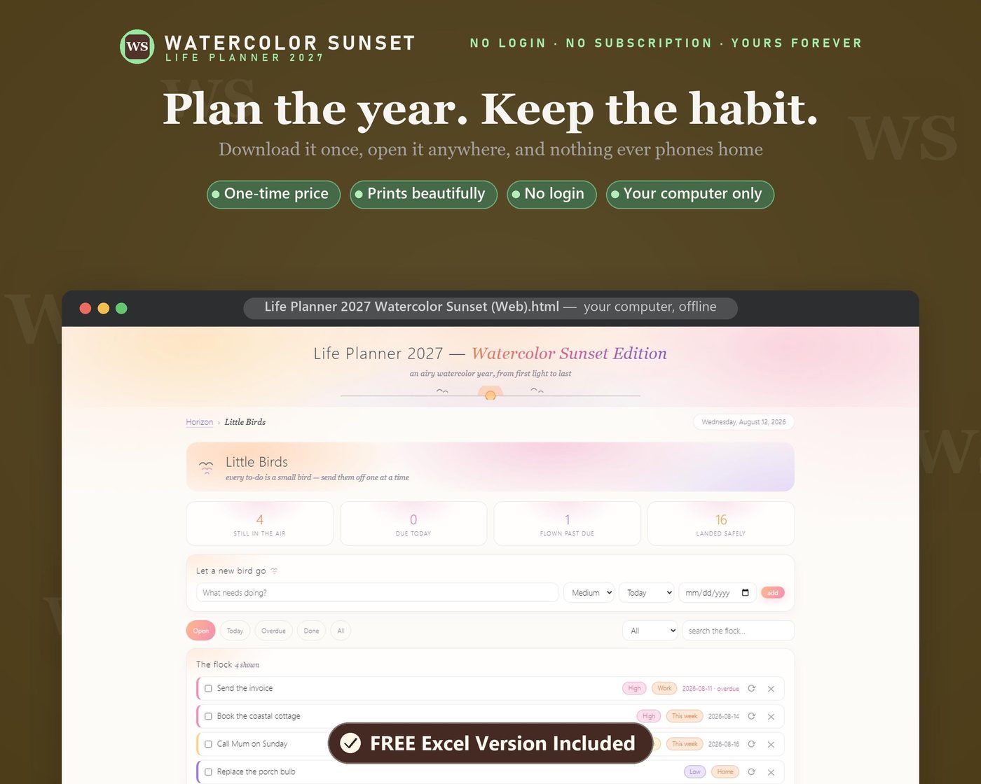 2027 Watercolor Sunset Life Planner, All-in-One Digital Planner (Instant Download)