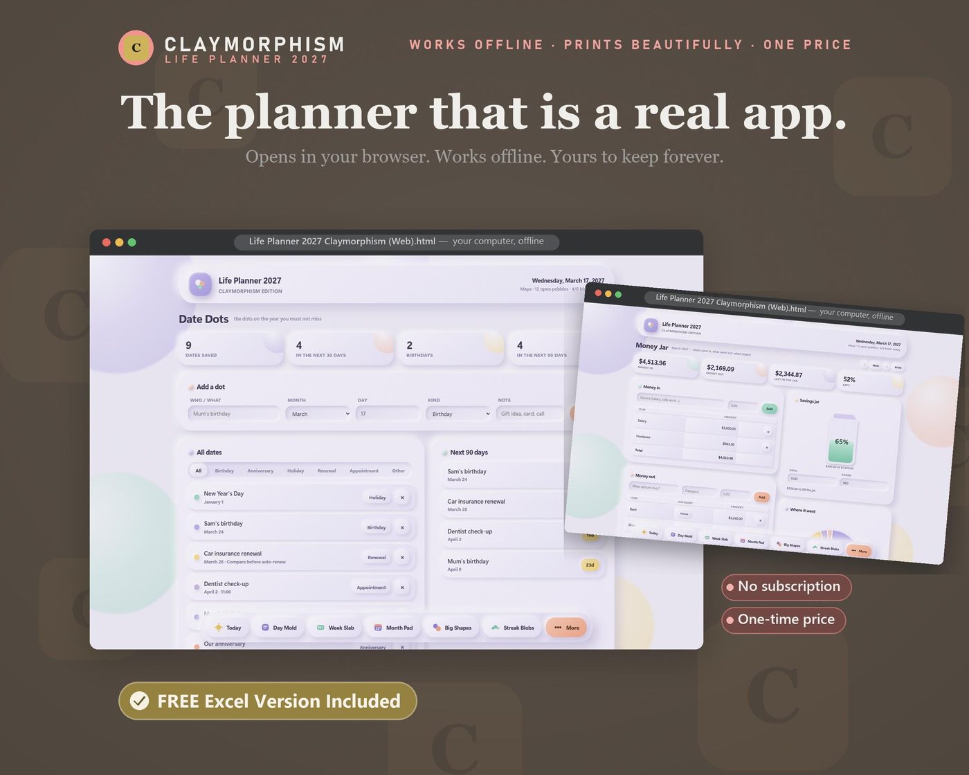 2027 Life Planner, Claymorphism Design, All-in-One Digital Planner (Excel Included)
