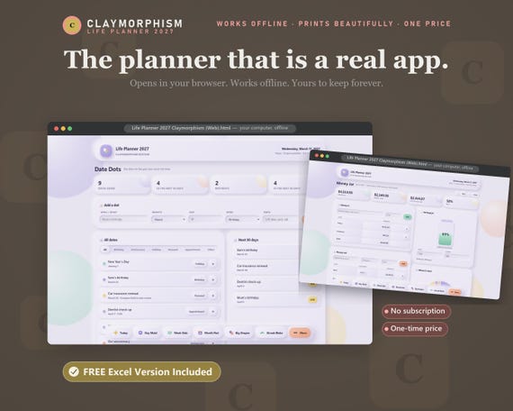 2027 Life Planner, Claymorphism Design, All-in-One Digital Planner (Excel Included)