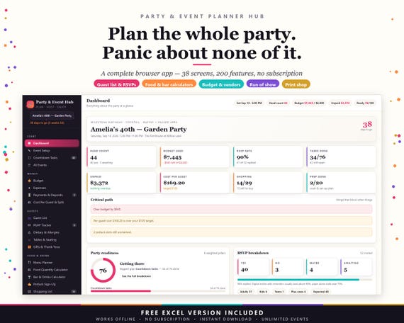 Party Planner App, Event Budget, RSVP Tracker, Food Calculator (Digital Download)