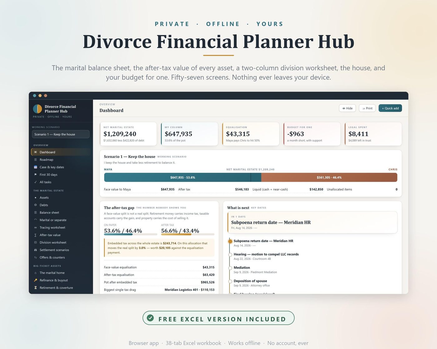 Divorce Financial Planner Hub, Asset Division, After-Tax Value, Excel Workbook (Instant Download)