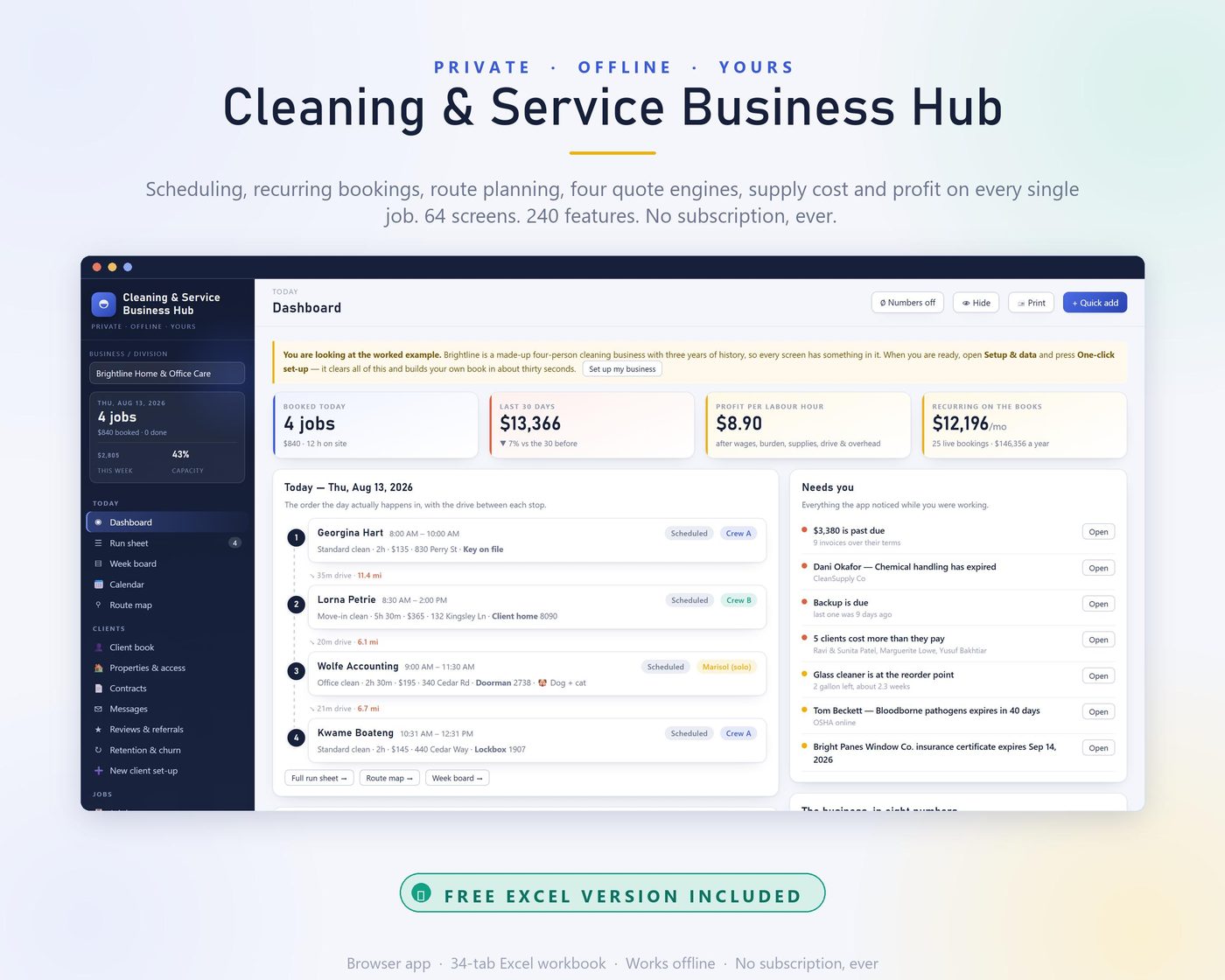 Cleaning Business Hub App, Schedule, Quote Calculator, Profit Tracker (Excel Included)