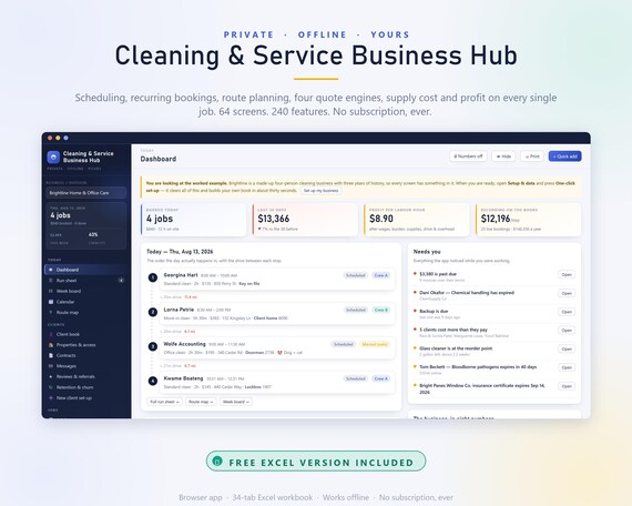 Cleaning Business Hub App, Schedule, Quote Calculator, Profit Tracker (Excel Included)