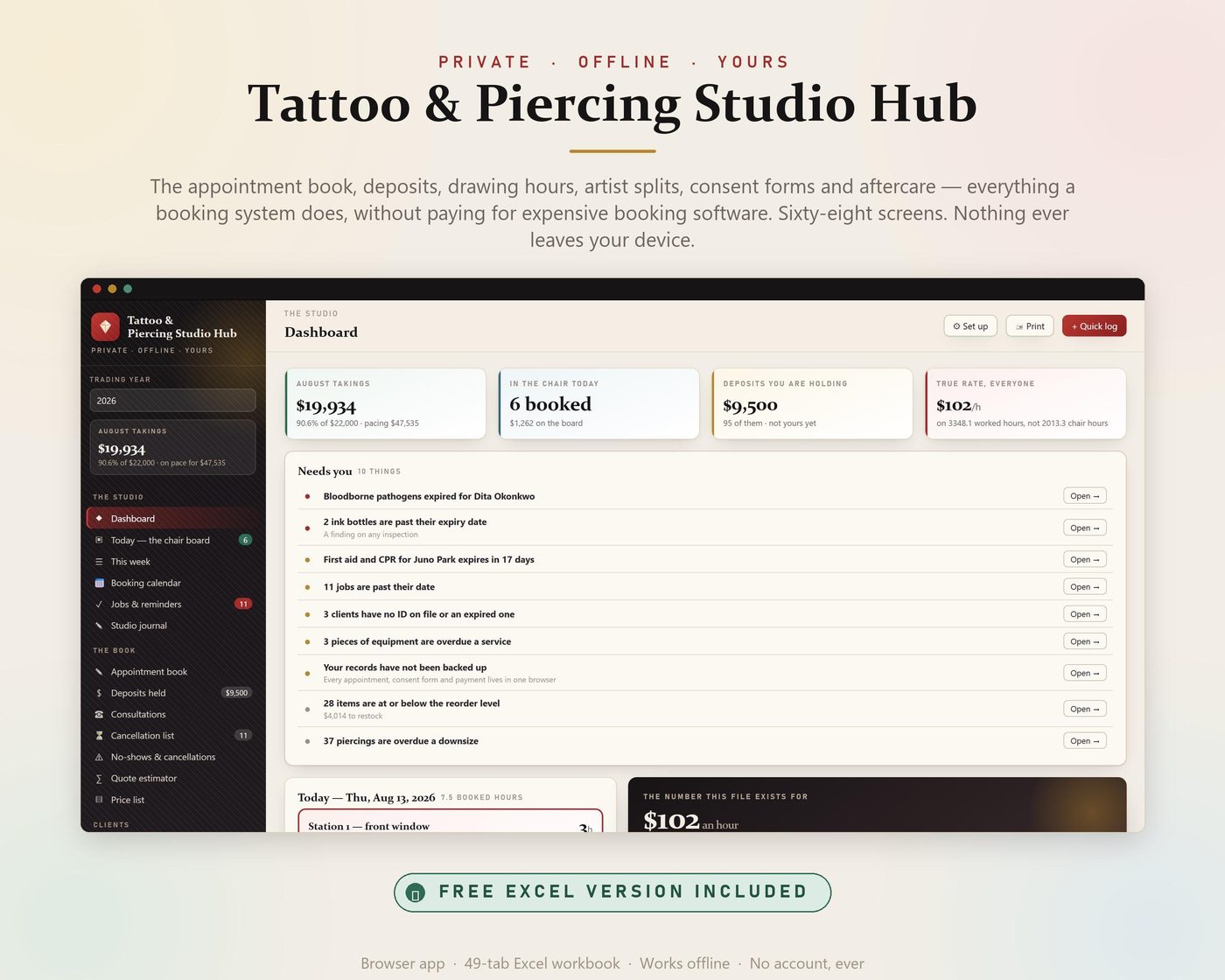 Tattoo Studio Hub, Appointment Book, Excel Sheet, Artist Splits, Consent Forms (Digital Download)