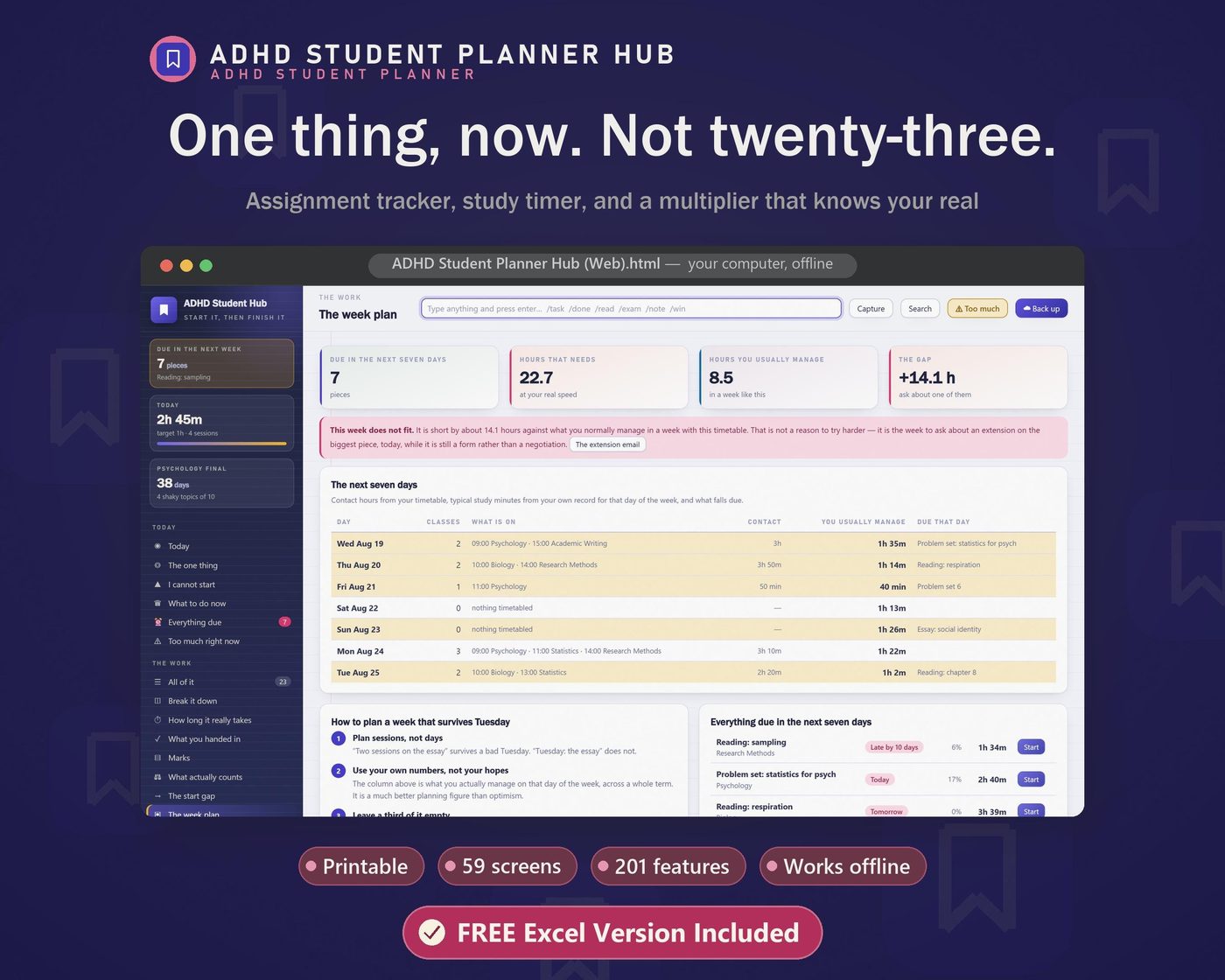 ADHD Student Planner Hub, Assignment Tracker, Study Timer (HTML App)