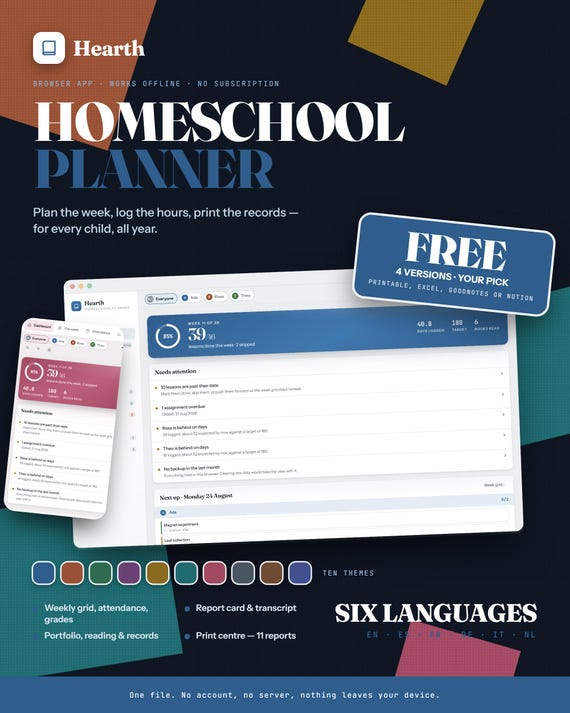 Homeschool Planner App, Browser-Based, 6 Languages, 4 Bonus Versions (Digital Download)