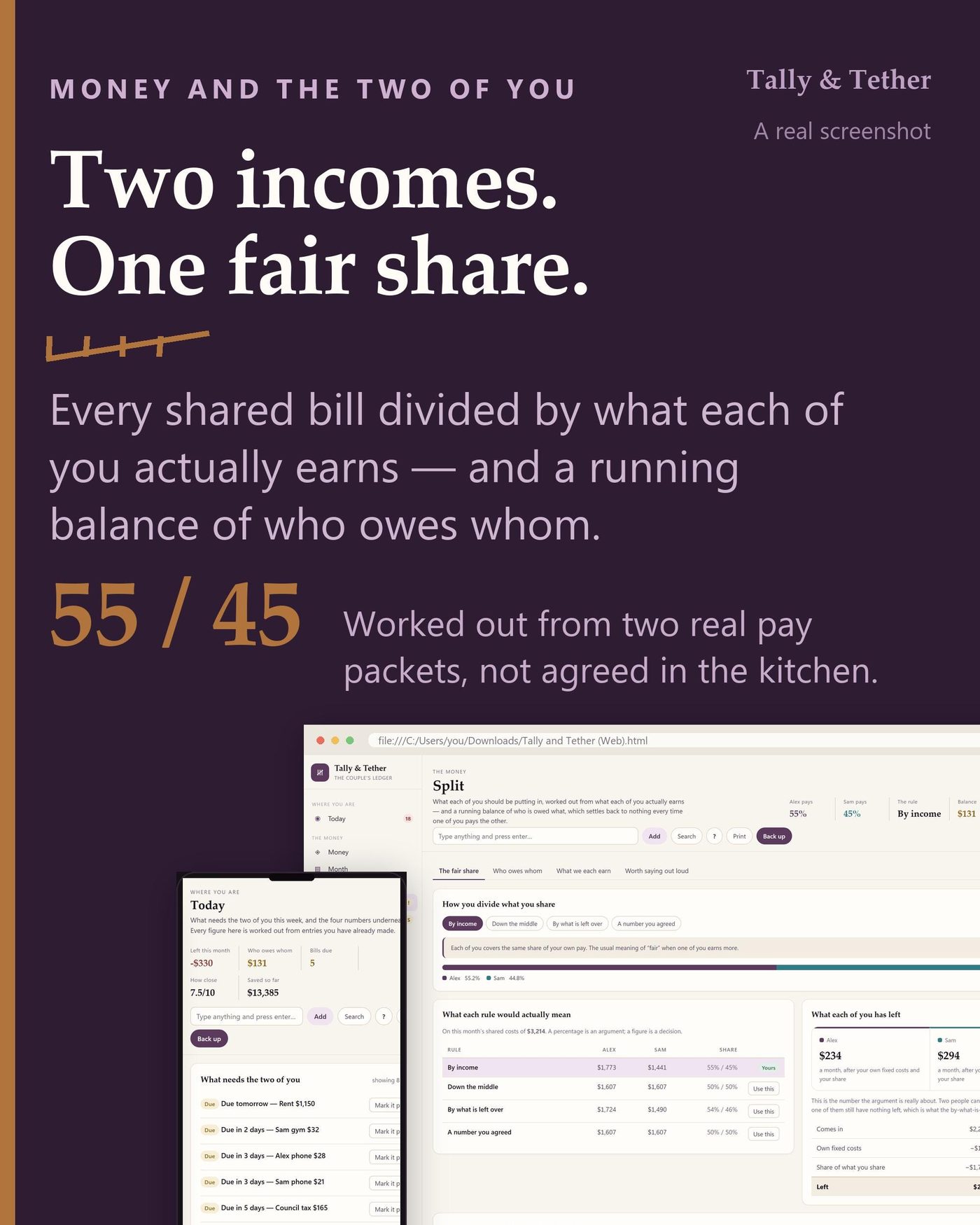 Couples Budget App | Fair Share Split by Income, Running Balance (HTML File)