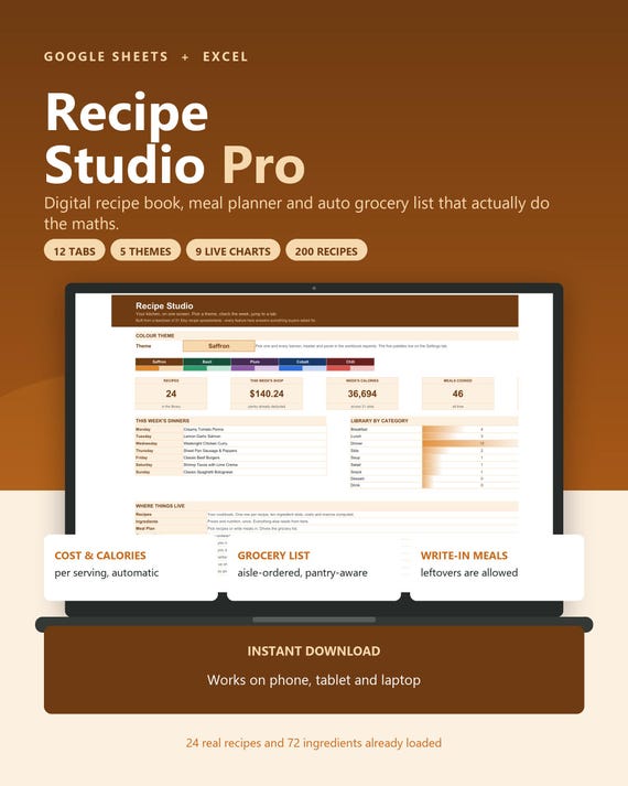 Digital Recipe Book Google Sheets Excel, Meal Planner with Auto Grocery List, Recipe Organizer Cookbook Spreadsheet, Recipe Cost Calculator