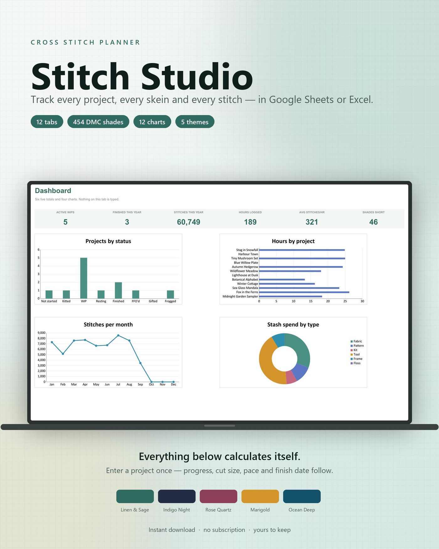 Cross Stitch Planner Spreadsheet, Google Sheets & Excel WIP Tracker, DMC Floss Inventory, Pattern Stash Log, Project Organizer