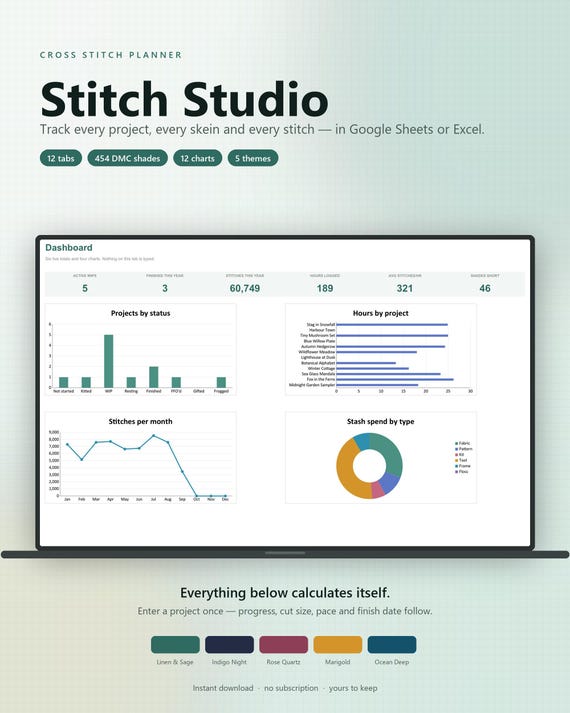 Cross Stitch Planner Spreadsheet, Google Sheets & Excel WIP Tracker, DMC Floss Inventory, Pattern Stash Log, Project Organizer